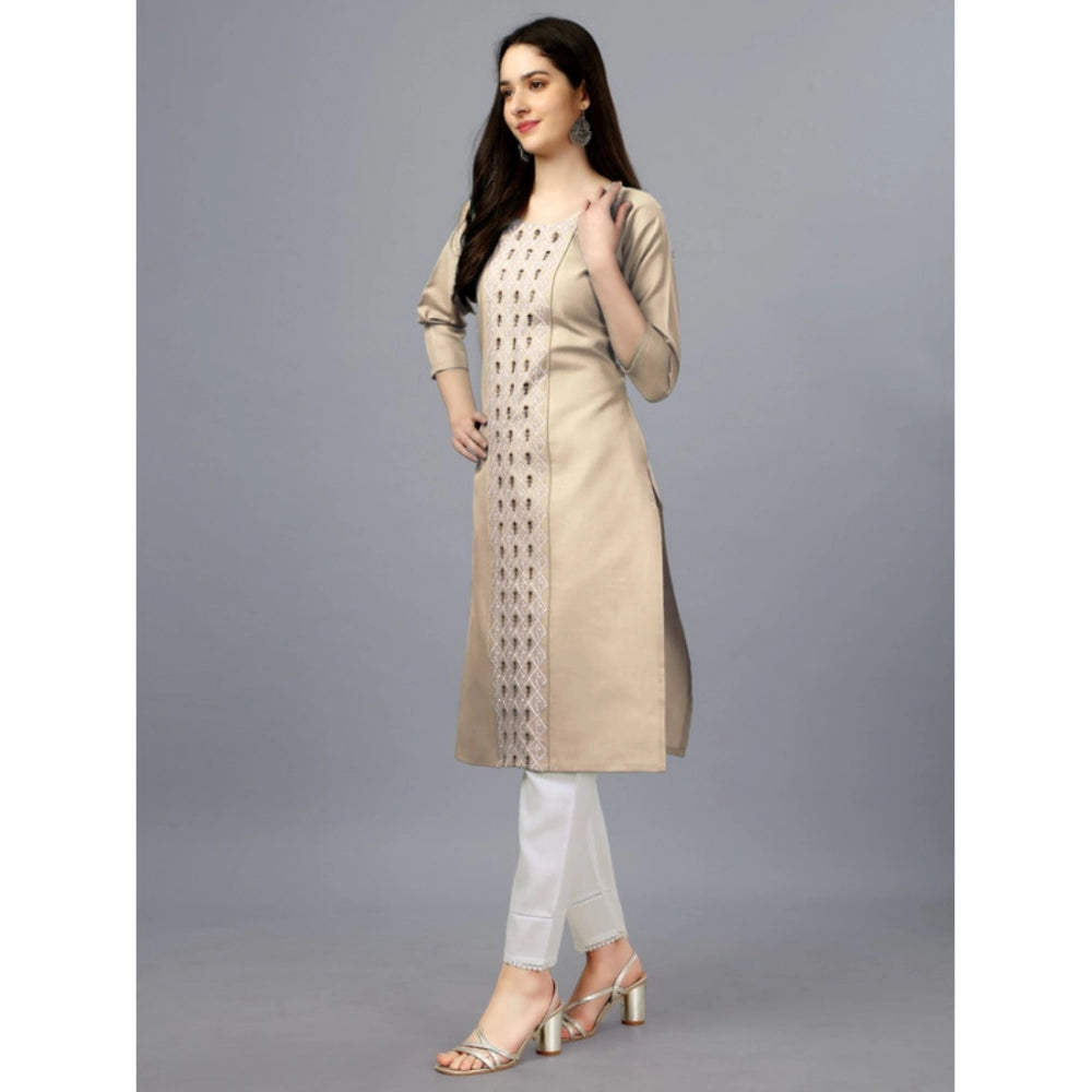 Generic Women's Casual 3-4 th Sleeve Embroidery Cotton Kurti (Beige)