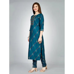 Generic Women's Casual 3-4 th Sleeve Embroidery Rayon Kurti Pant Set (Dark Blue)