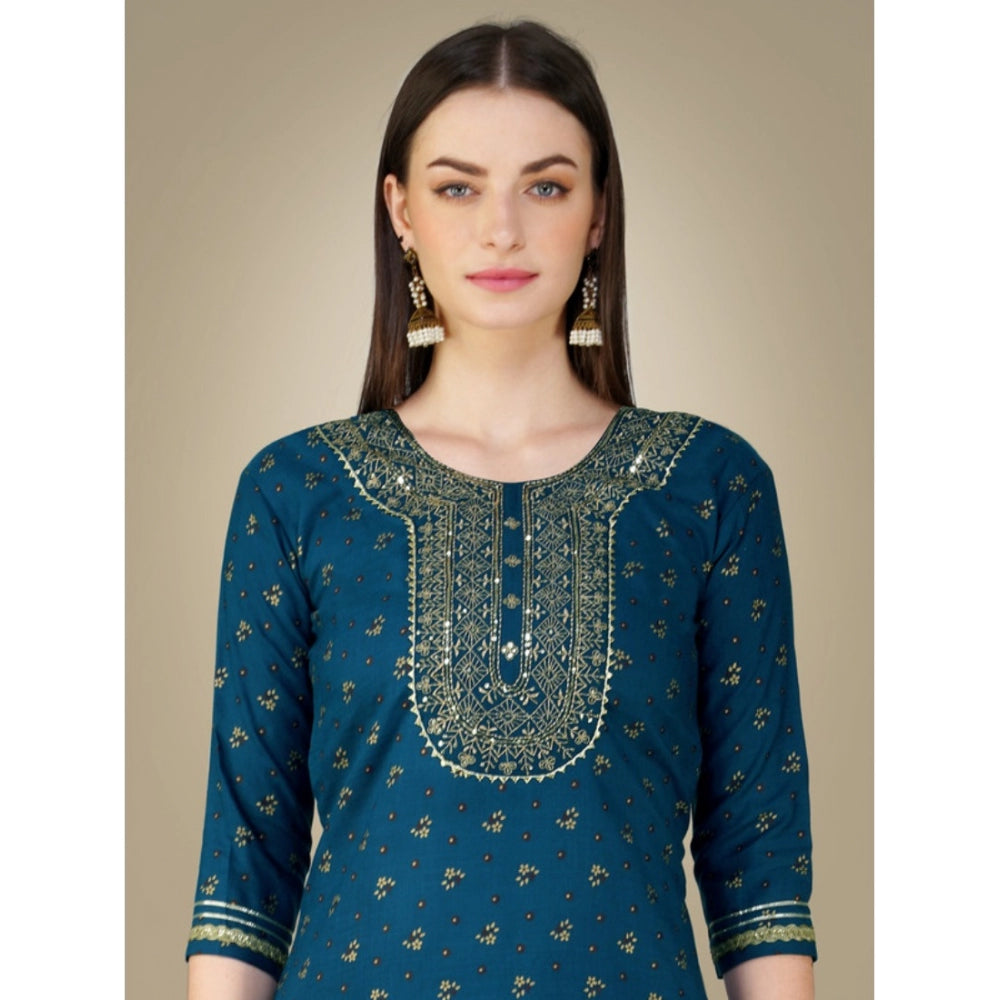 Generisches Damen-Kurti-Hose-Dupatta-Set mit 3–4-Ärmeln und Stickerei aus Baumwolle (blau)