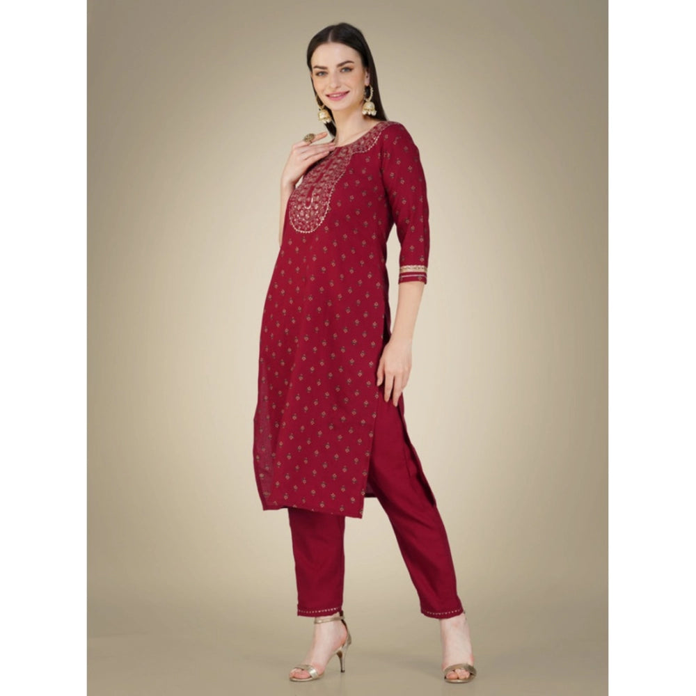 Generic Women's Casual 3-4 th Sleeve Embroidery Cotton Kurti Pant Dupatta Set (Maroon)