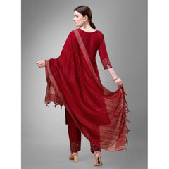 Generic Women's Casual 3-4 th Sleeve Embroidery Cotton Kurti Pant Dupatta Set (Maroon)