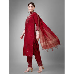 Generic Women's Casual 3-4 th Sleeve Embroidery Cotton Kurti Pant Dupatta Set (Maroon)