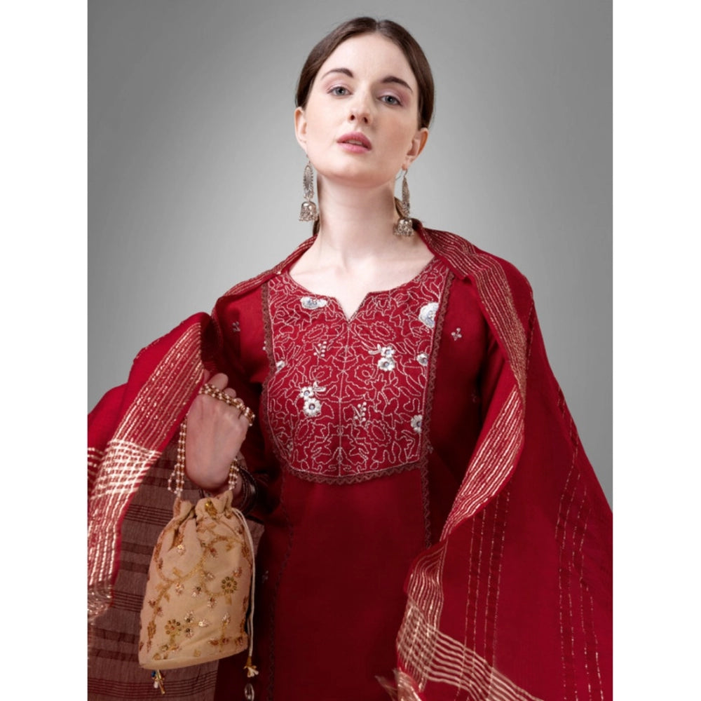 Generic Women's Casual 3-4 th Sleeve Embroidery Cotton Kurti Pant Dupatta Set (Maroon)