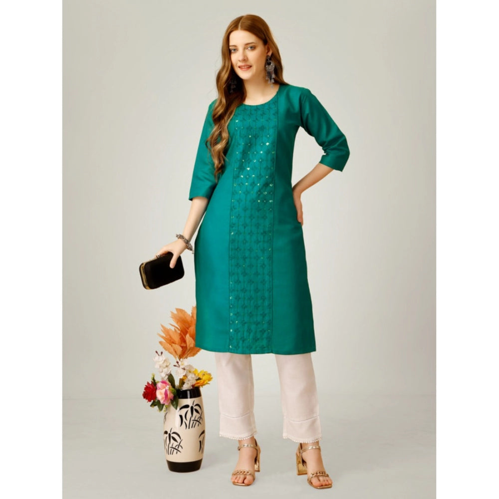 Generic Women's Casual 3-4 th Sleeve Embroidery Cotton Kurti Pant Set (Light Green)