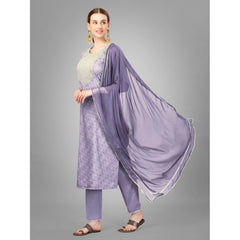 Generic Women's Casual 3-4 th Sleeve Embroidery Silk Blend Kurti Pant Dupatta Set (Lavender)