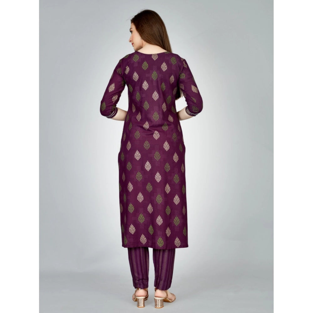 Generic Women's Casual 3-4 th Sleeve Embroidery Rayon Kurti Pant Set (Purple)