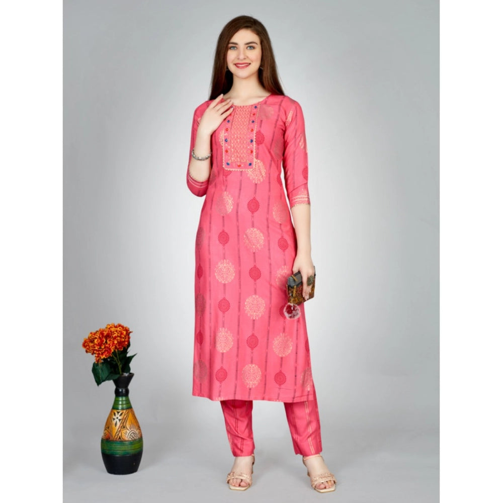 Generic Women's Casual 3-4 th Sleeve Embroidery Rayon Kurti Pant Set (Pink)