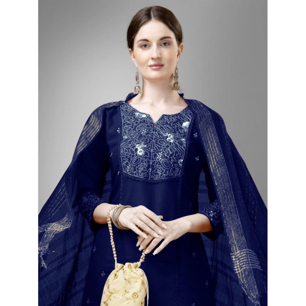 Generic Women's Casual 3-4 th Sleeve Embroidery Cotton Kurti Pant Dupatta Set (Dark Blue)