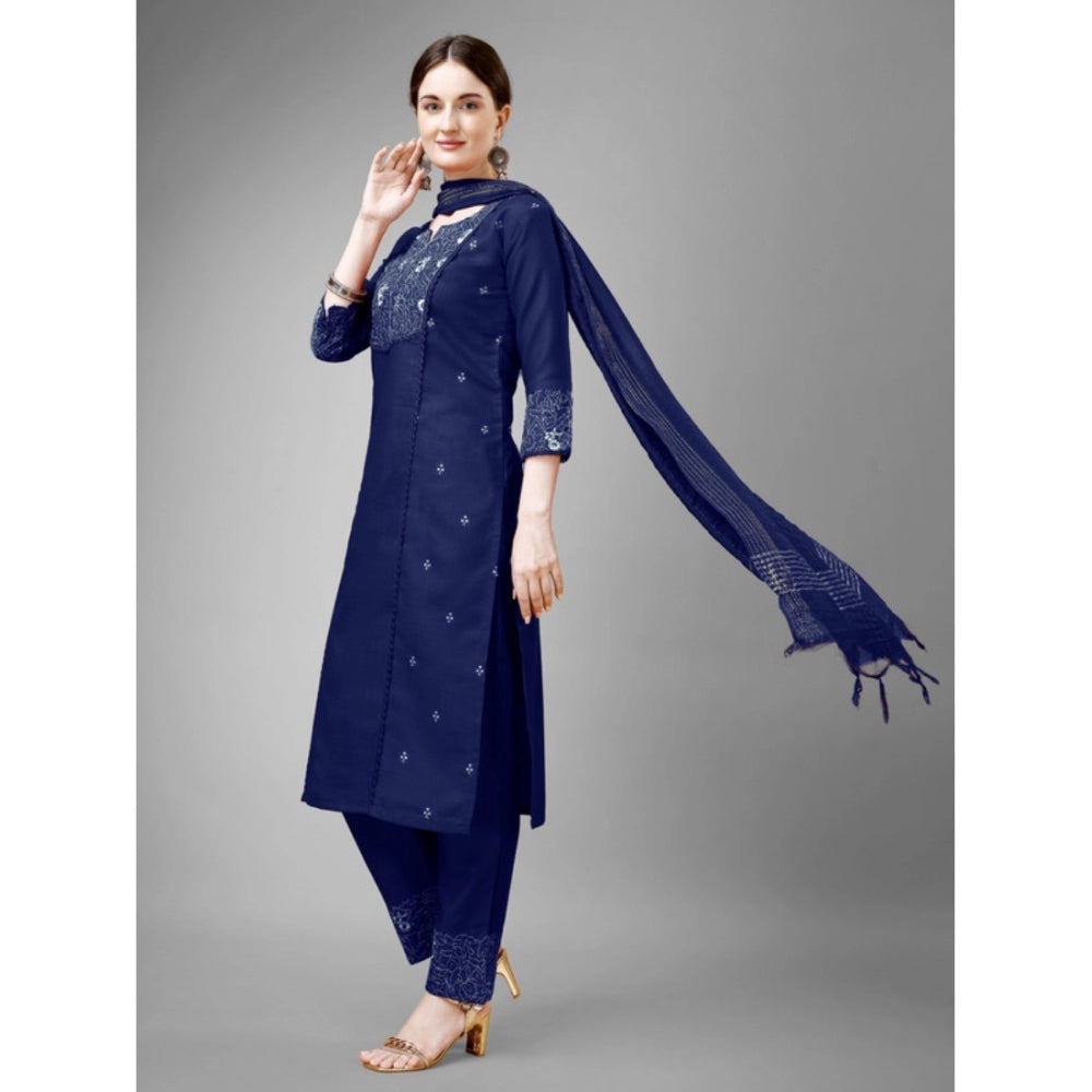 Generic Women's Casual 3-4 th Sleeve Embroidery Cotton Kurti Pant Dupatta Set (Dark Blue)