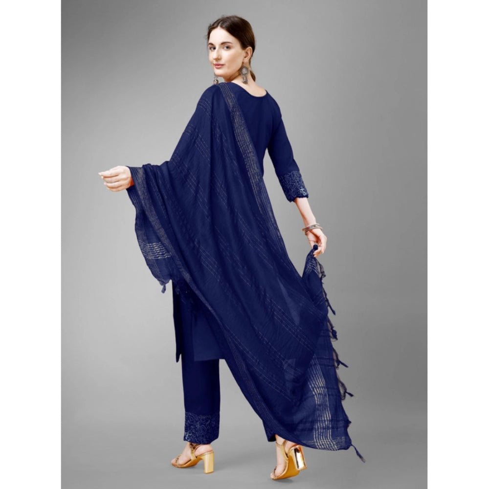 Generic Women's Casual 3-4 th Sleeve Embroidery Cotton Kurti Pant Dupatta Set (Dark Blue)