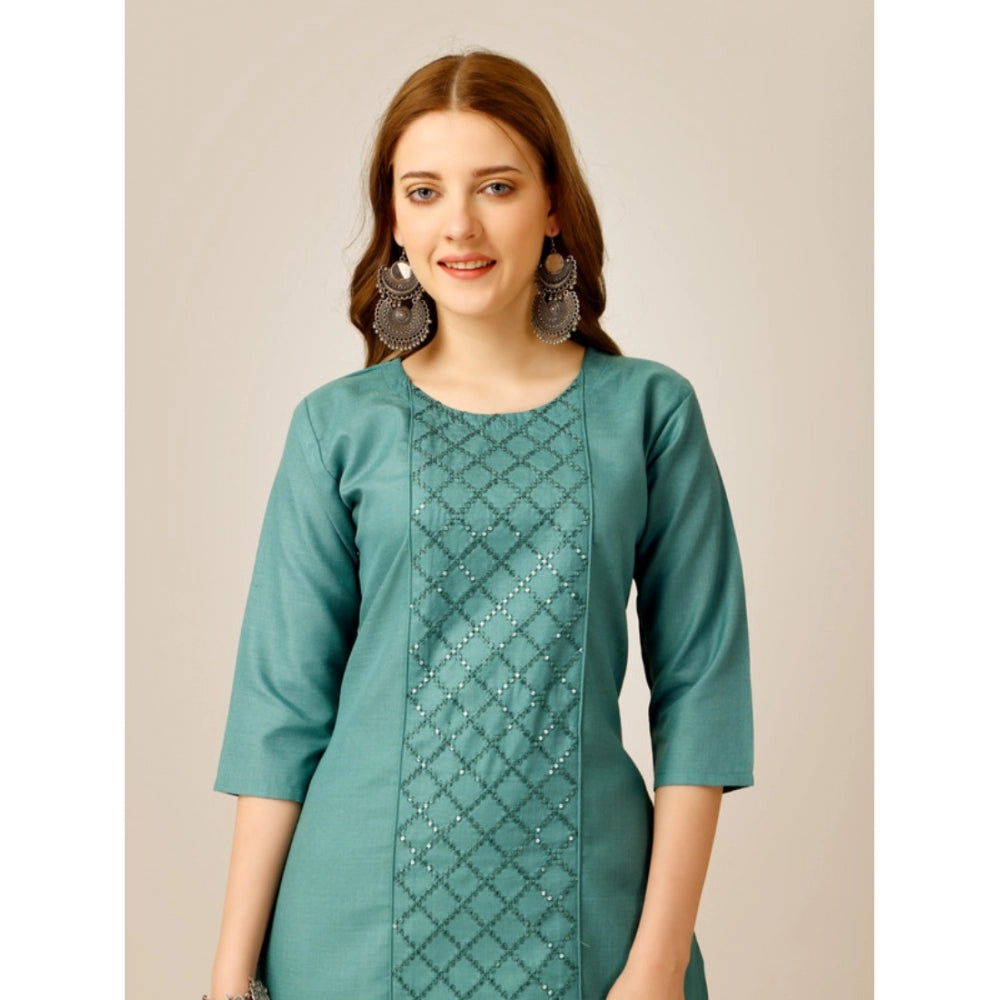 Generic Women's Casual 3-4 th Sleeve Embroidery Cotton Kurti Pant Set (Green)