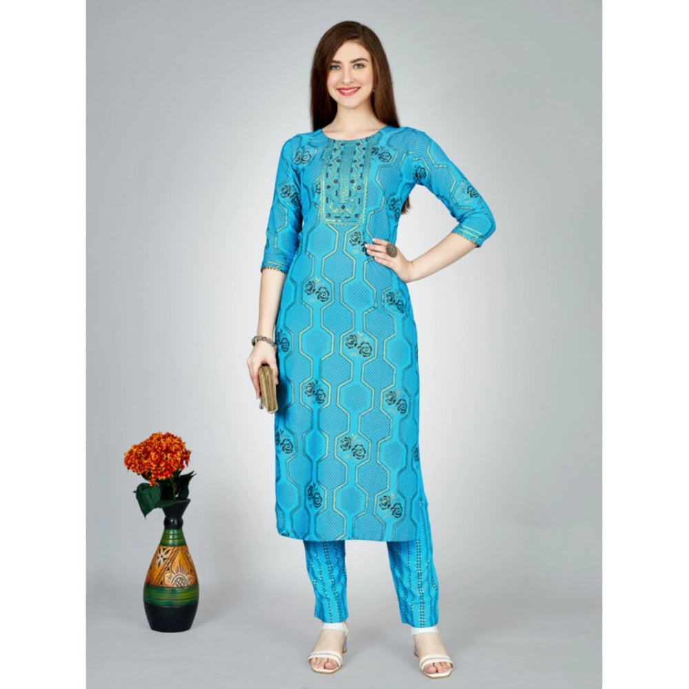 Generic Women's Casual 3-4 th Sleeve Embroidery Rayon Kurti Pant Set (Light Blue)