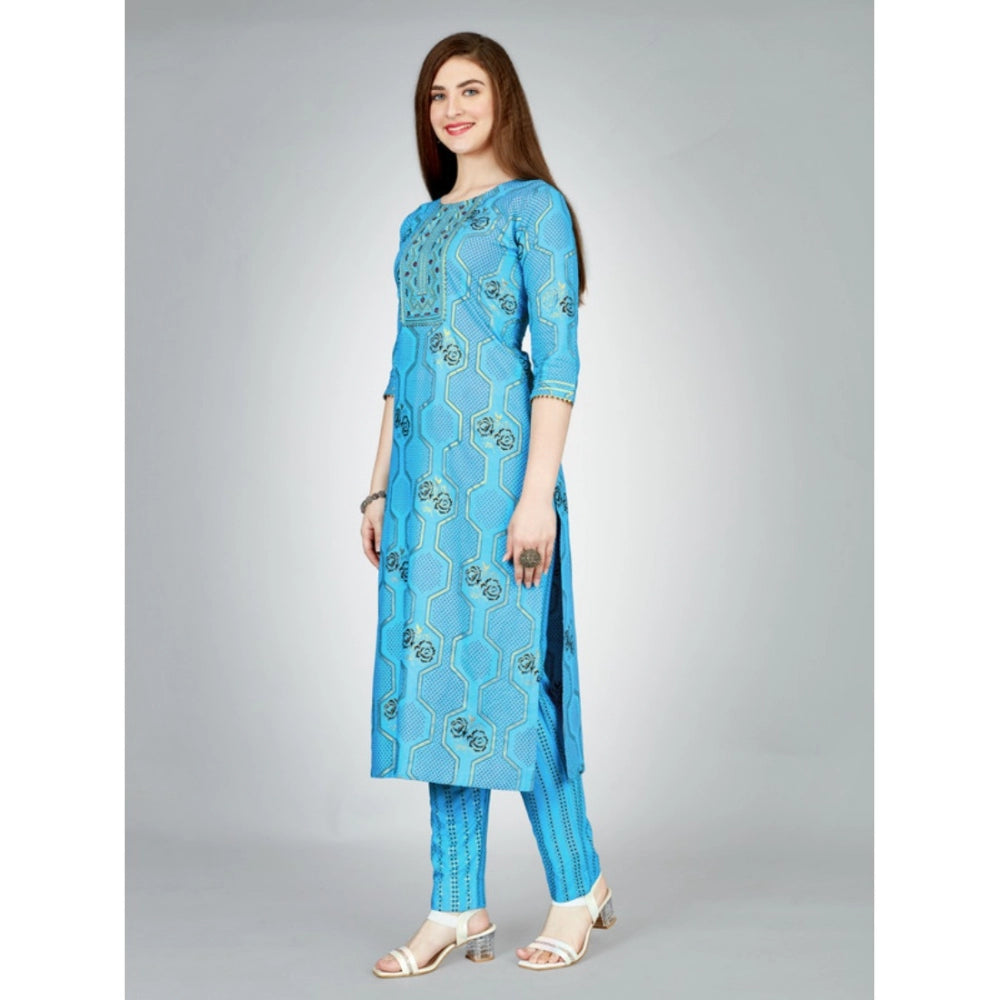 Generic Women's Casual 3-4 th Sleeve Embroidery Rayon Kurti Pant Set (Light Blue)