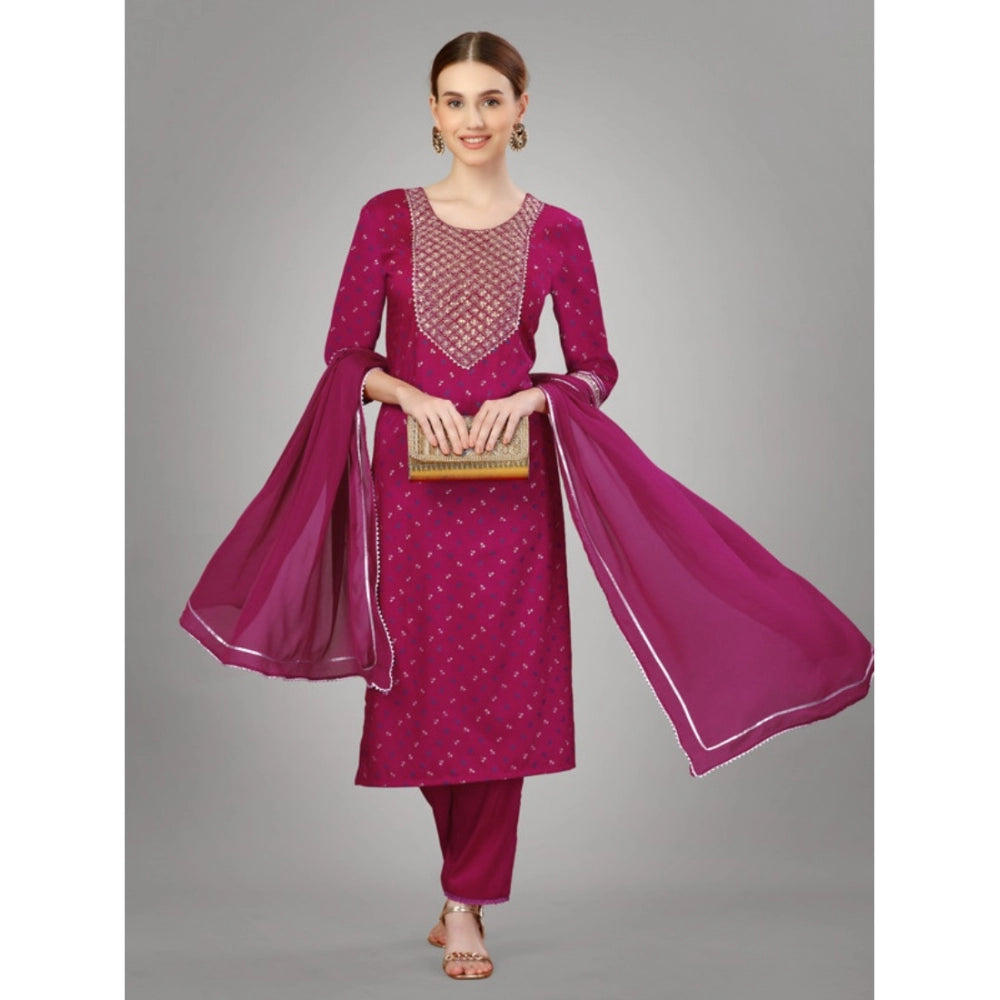 Generic Women's Casual 3-4 th Sleeve Embroidery Silk Blend Kurti Pant Dupatta Set (Rani)