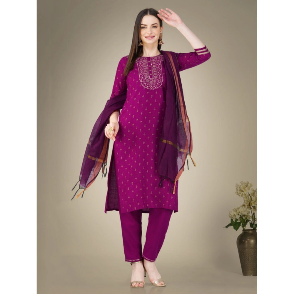 Generisches Damen-Kurti-Hose-Dupatta-Set mit 3–4 Ärmeln und Stickerei aus Baumwolle (lila)