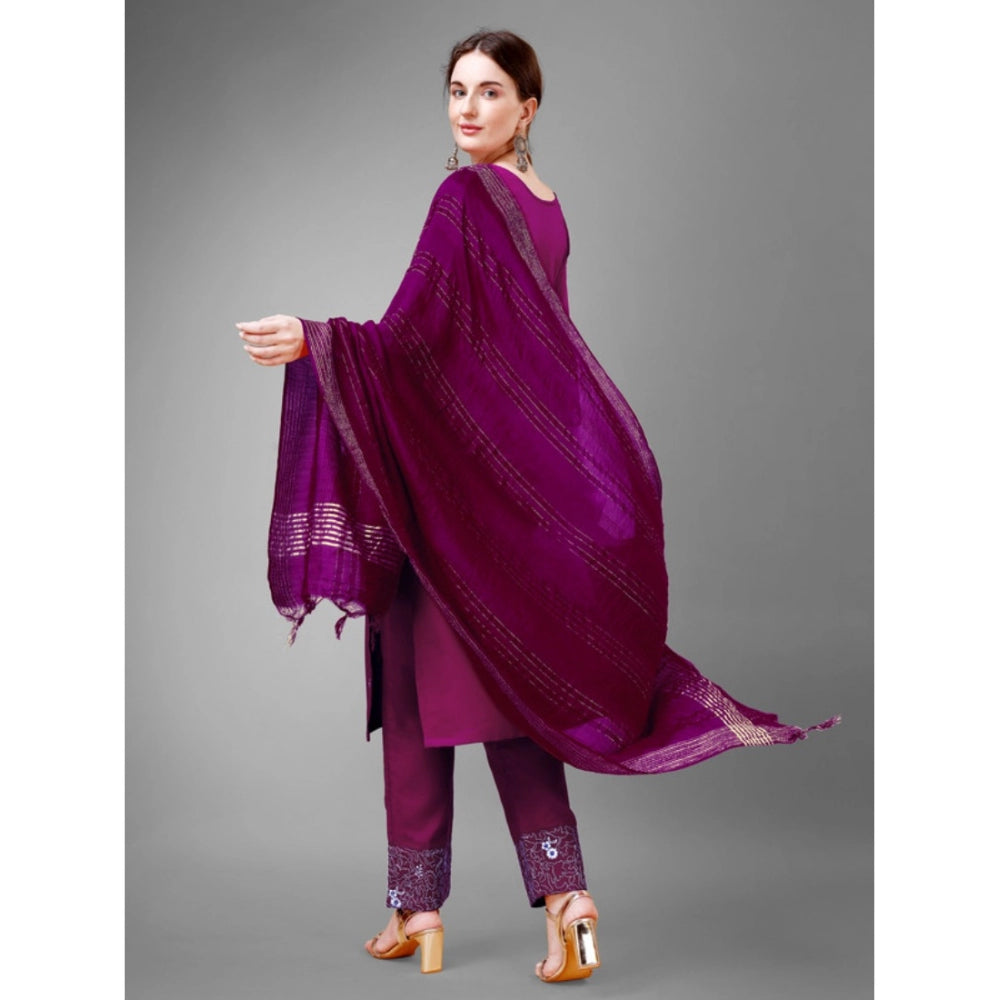 Generic Women's Casual 3-4 th Sleeve Embroidery Cotton Kurti Pant Dupatta Set (Purple)