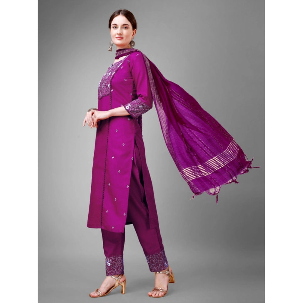 Generic Women's Casual 3-4 th Sleeve Embroidery Cotton Kurti Pant Dupatta Set (Purple)