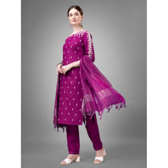 Generic Women's Casual 3-4 th Sleeve Embroidery Cotton Kurti Pant Dupatta Set (Purple)