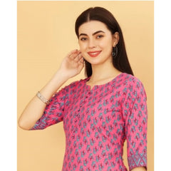 Generic Women's Casual 3-4 th Sleeve Printed Cotton Kurti Pant Set (Pink)