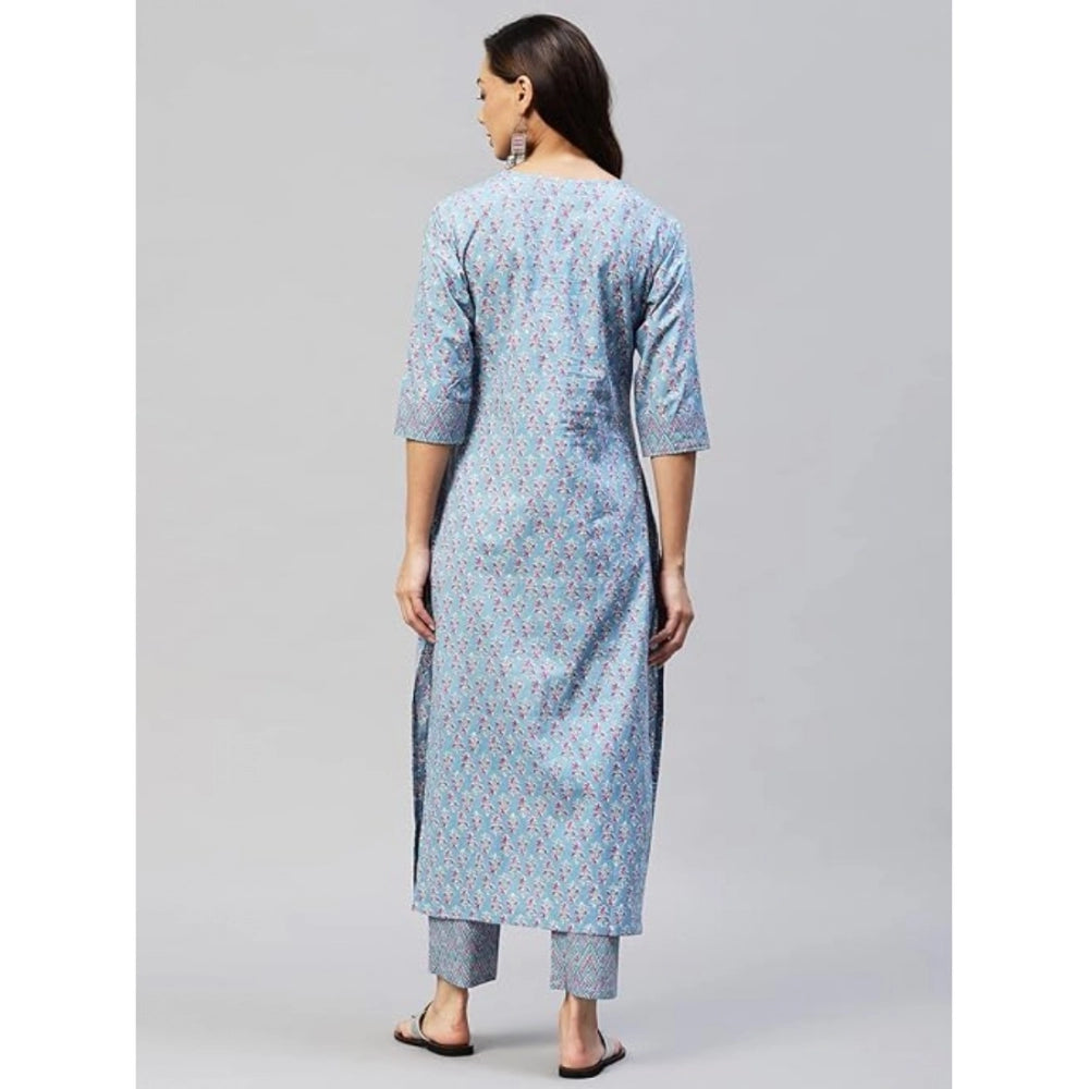 Generisches Damen-Kurti-Hosenset aus Baumwolle mit 3–4-Ärmeln und Aufdruck (Pastellblau)