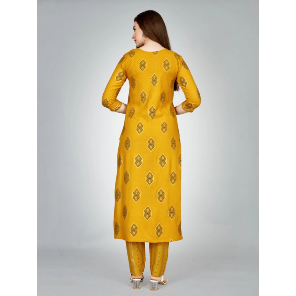 Generic Women's Casual 3-4 th Sleeve Embroidery Rayon Kurti Pant Set (Yellow)