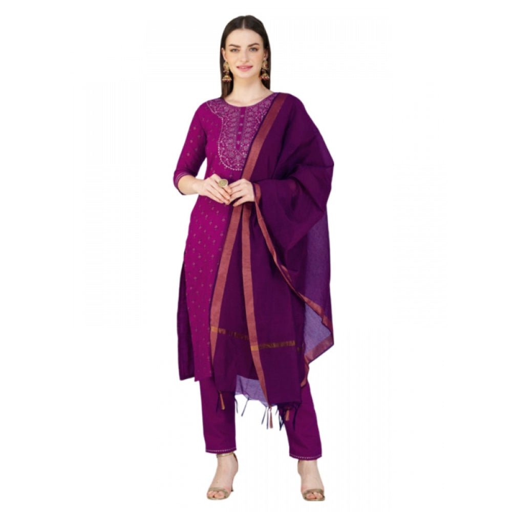 Generic Women's Casual 3-4 th Sleeve Embroidery Cotton Kurti Pant Dupatta Set (Purple)