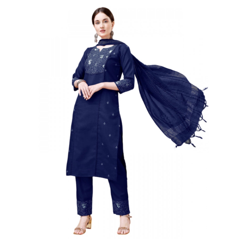 Generic Women's Casual 3-4 th Sleeve Embroidery Cotton Kurti Pant Dupatta Set (Dark Blue)