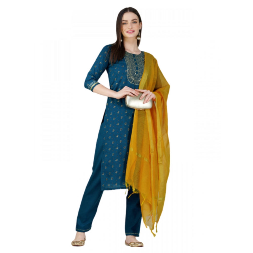 Generisches Damen-Kurti-Hose-Dupatta-Set mit 3–4-Ärmeln und Stickerei aus Baumwolle (blau)