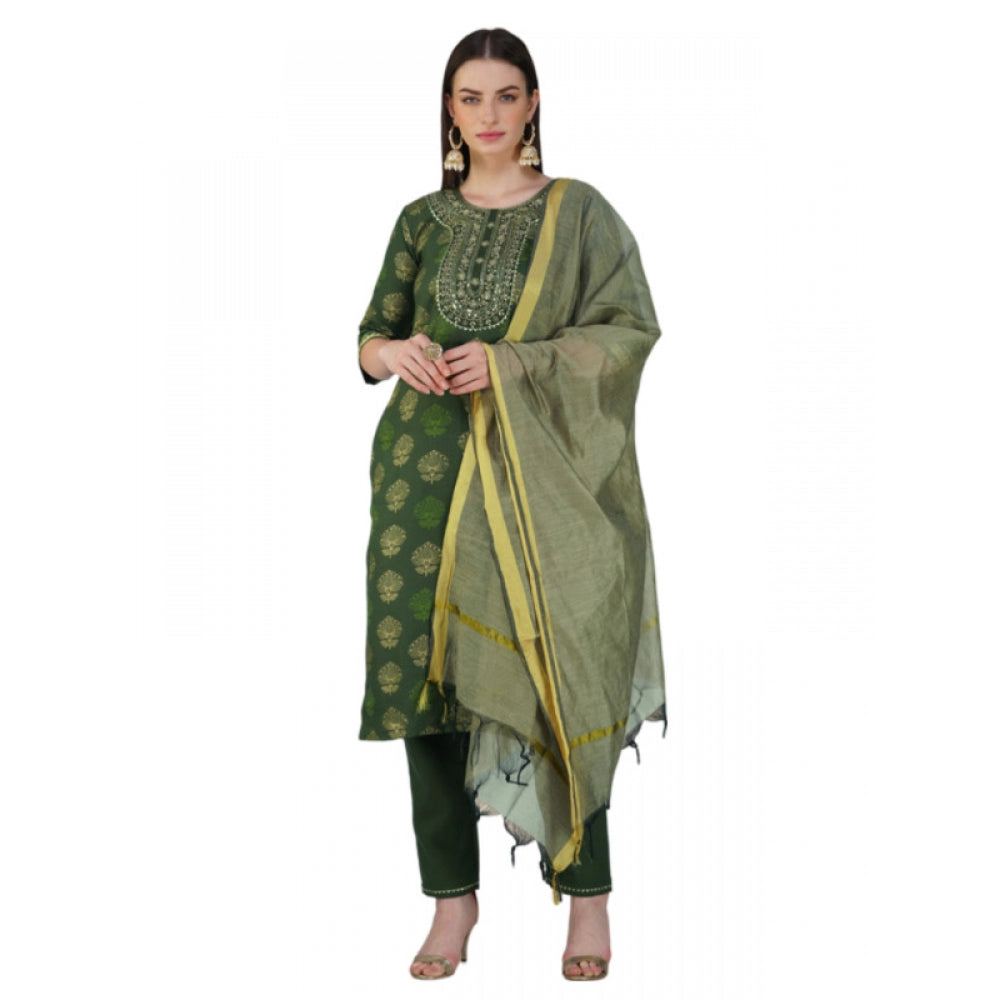 Generic Women's Casual 3-4 th Sleeve Embroidery Cotton Kurti Pant Dupatta Set (Dark Green)