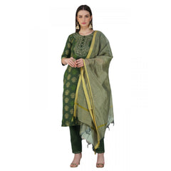 Generic Women's Casual 3-4 th Sleeve Embroidery Cotton Kurti Pant Dupatta Set (Dark Green)