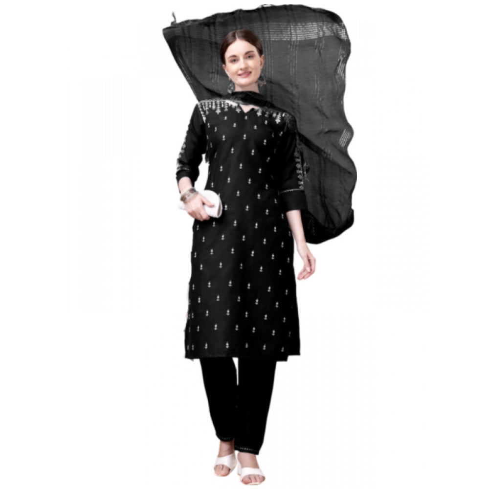 Generisches Damen-Kurti-Hose-Dupatta-Set mit 3–4 Ärmeln und Stickerei aus Baumwolle (schwarz)