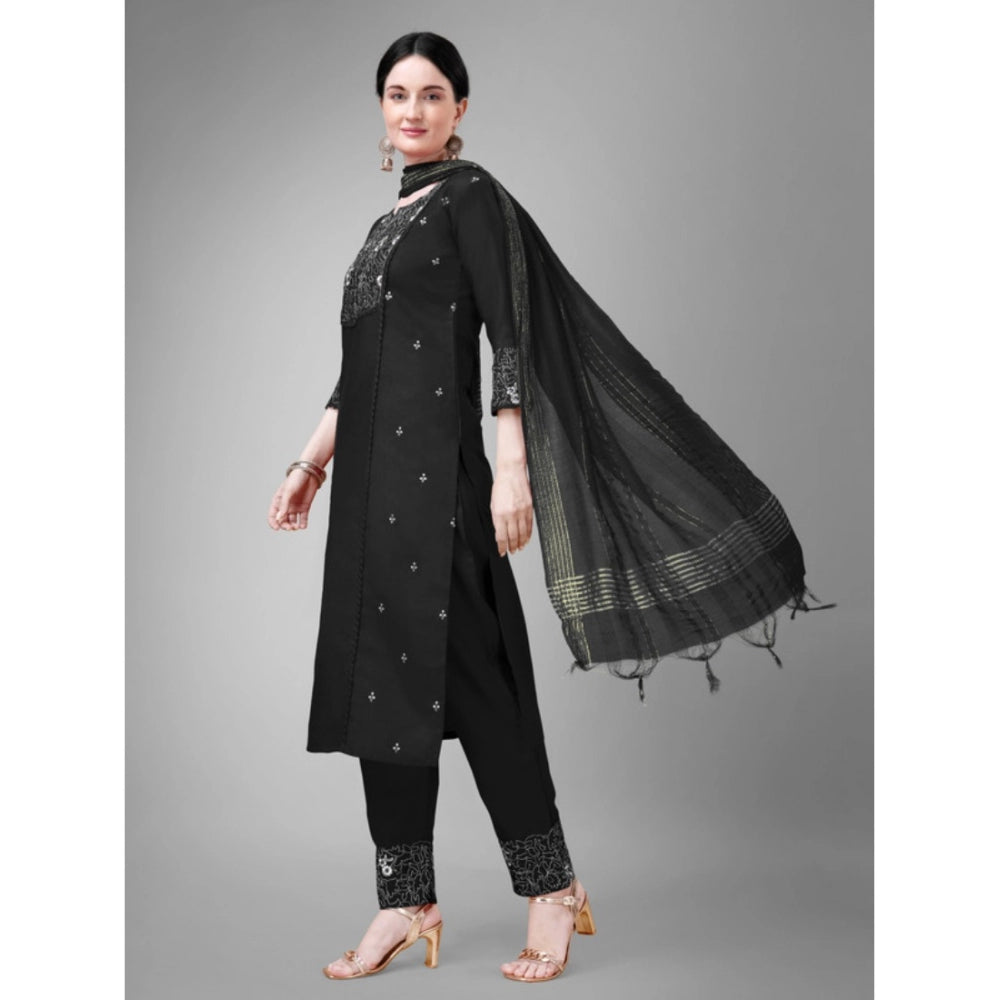 Generisches Damen-Kurti-Hose-Dupatta-Set mit 3–4 Ärmeln und Stickerei aus Baumwolle (schwarz)