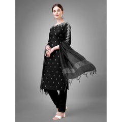 Generic Women's Casual 3-4 th Sleeve Embroidery Cotton Kurti Pant Dupatta Set (Black)