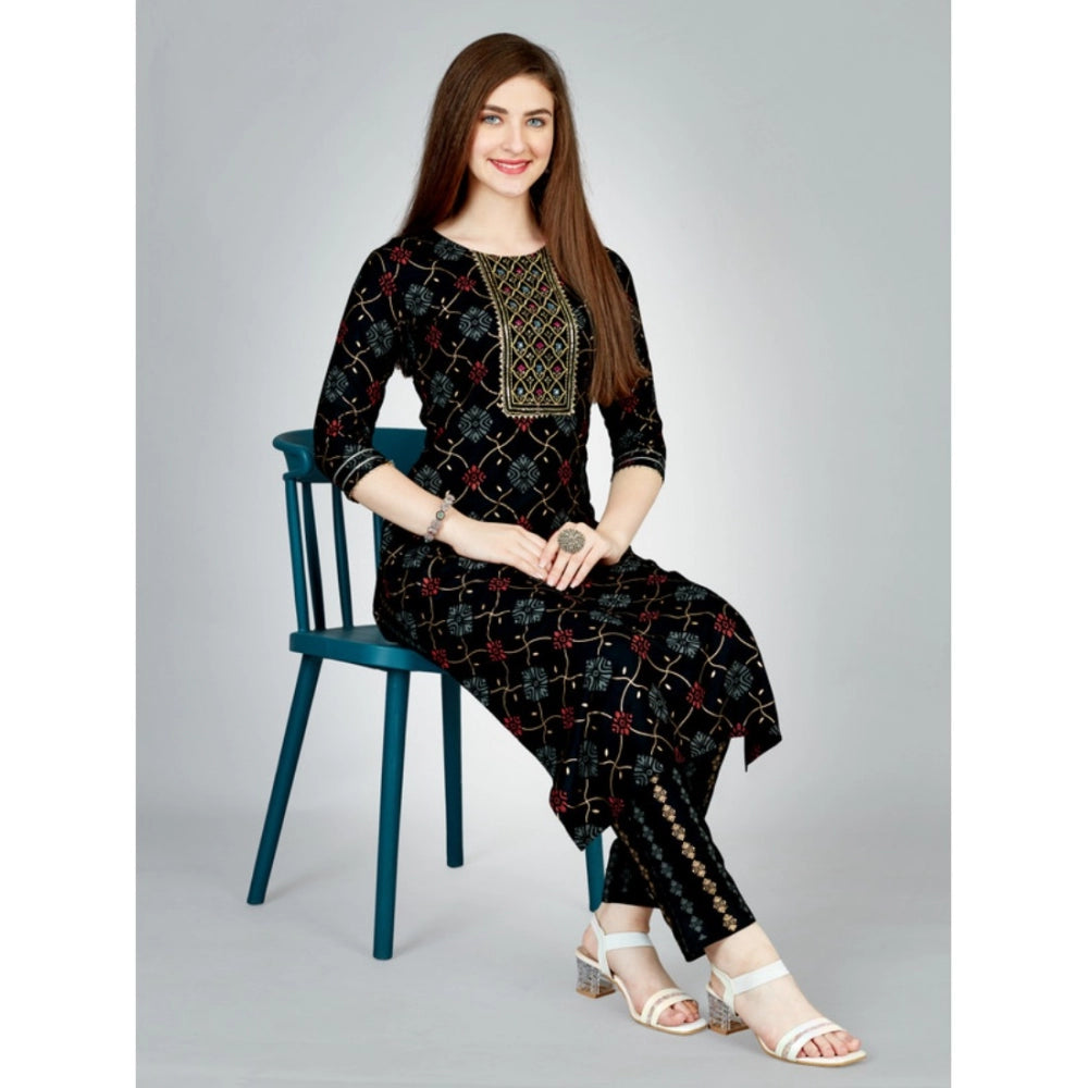 Generic Women's Casual 3-4 th Sleeve Embroidery Rayon Kurti Pant Set (Black)