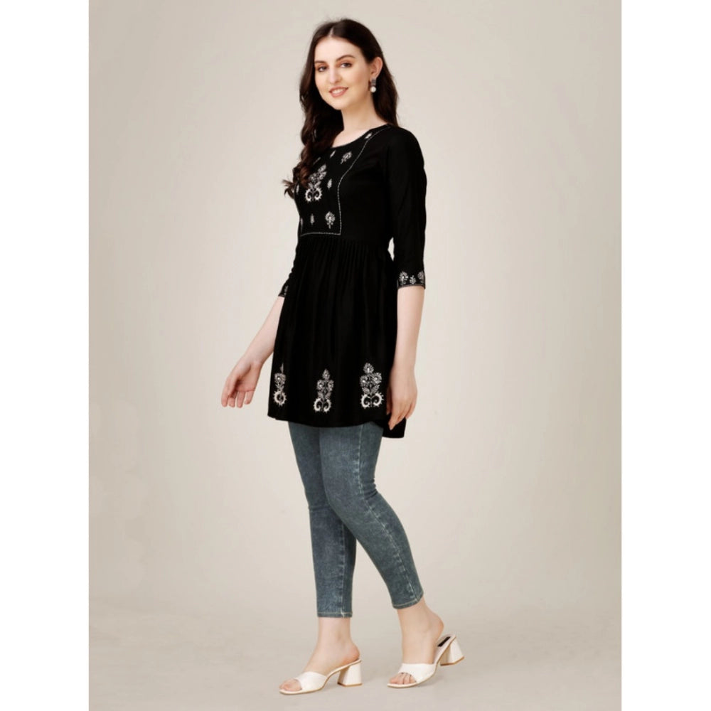 Generic Women's Casual 3-4 th Sleeve Embroidered Rayon Tunic Top (Black)