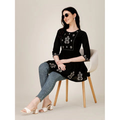 Generic Women's Casual 3-4 th Sleeve Embroidered Rayon Tunic Top (Black)