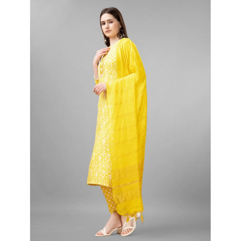 Generic Women's Casual 3-4 th Sleeve Embroidery Rayon Kurti Pant Dupatta Set (Yellow)