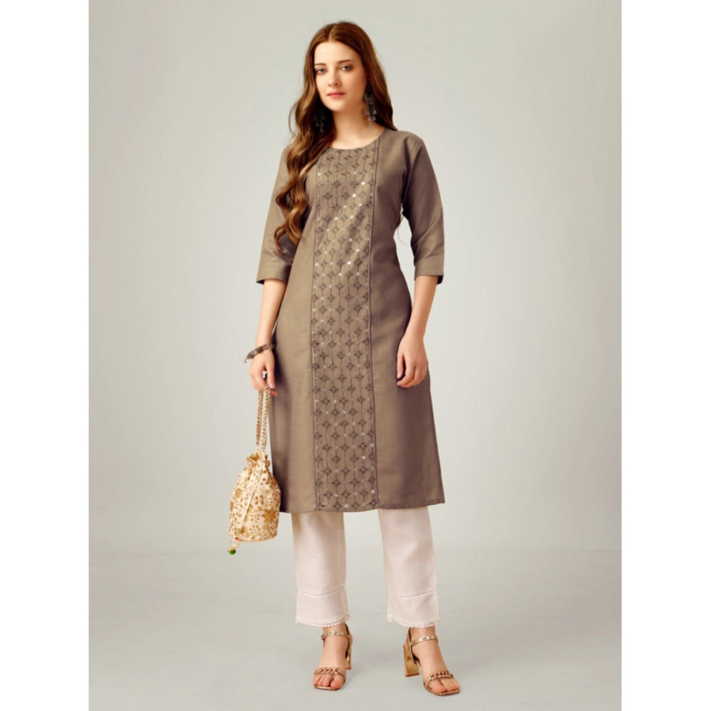 Generic Women's Casual 3-4 th Sleeve Embroidery Cotton Kurti Pant Set (Beige)