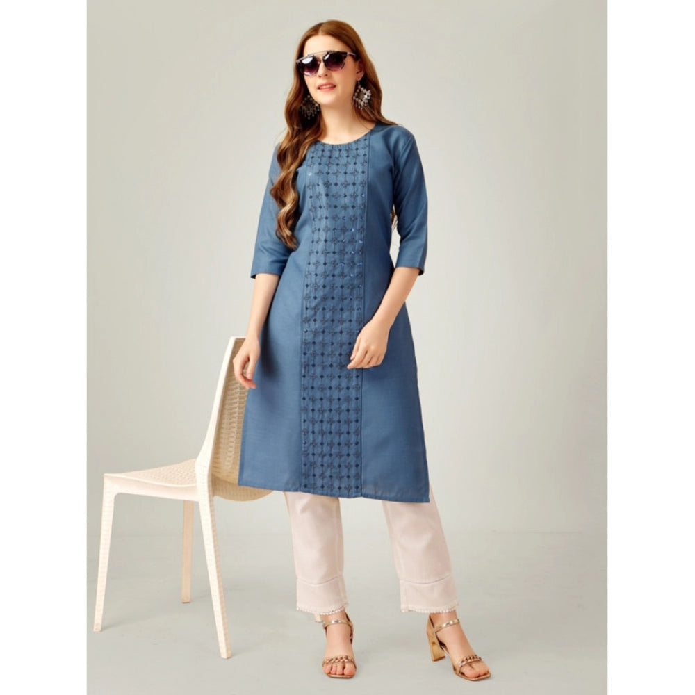 Generic Women's Casual 3-4 th Sleeve Embroidery Cotton Kurti Pant Set (Light Blue)