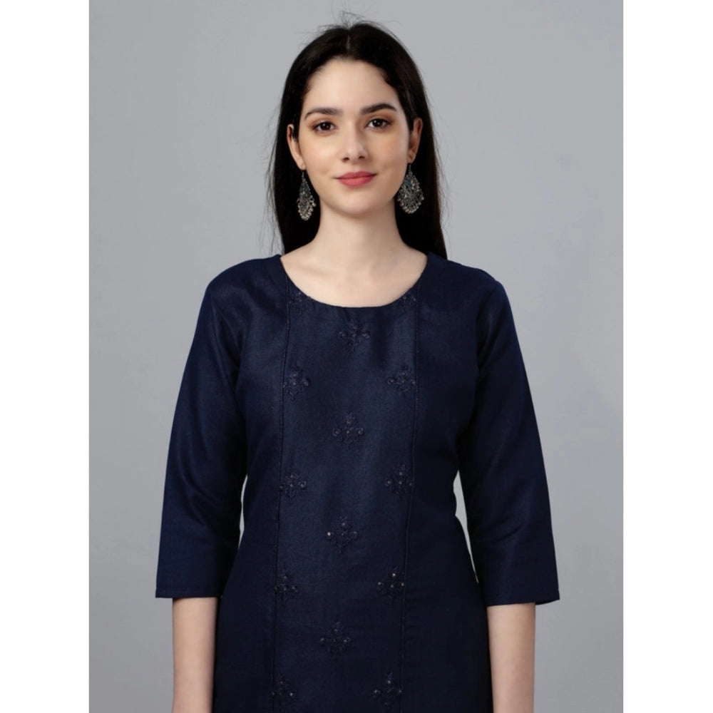 Generic Women's Casual 3-4 th Sleeve Embroidery Cotton Kurti (Dark Blue)