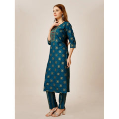 Generic Women's Casual 3-4 th Sleeve Embroidery Rayon Kurti Pant Set (Blue)