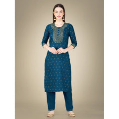 Generic Women's Casual 3-4 th Sleeve Embroidery Cotton Kurti Pant Dupatta Set (Blue )