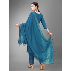 Generisches Damen-Kurti-Hose-Dupatta-Set mit 3–4-Ärmeln und Stickerei aus Baumwolle (blau)