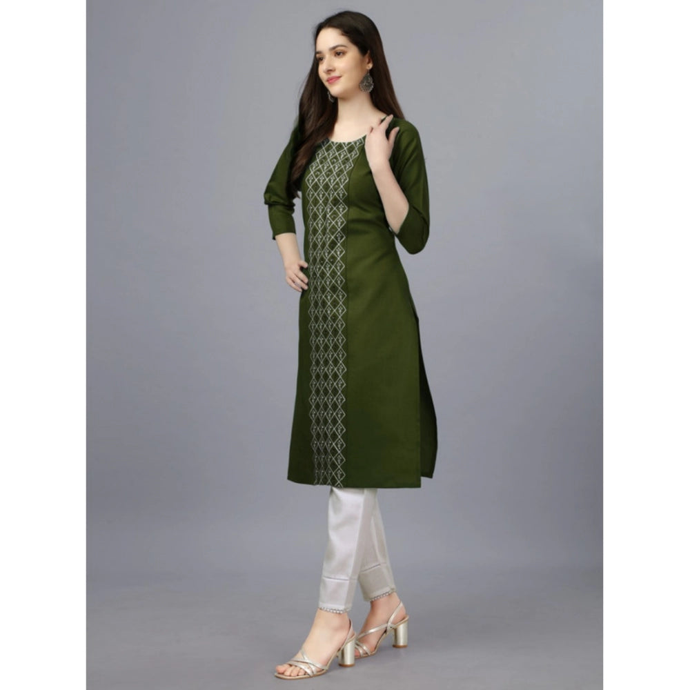 Generic Women's Casual 3-4 th Sleeve Embroidery Cotton Kurti (Dark Green)