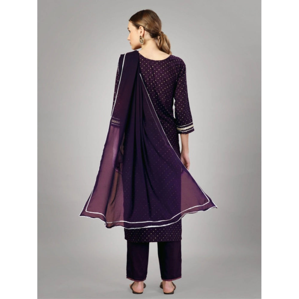 Generic Women's Casual 3-4 th Sleeve Embroidery Silk Blend Kurti Pant Dupatta Set (Purple)