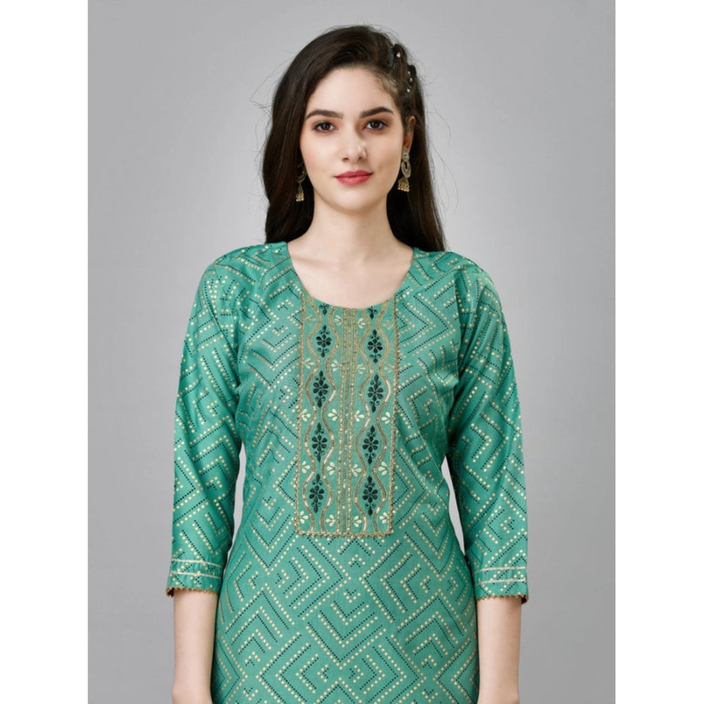 Generic Women's Casual 3-4 th Sleeve Embroidery Rayon Kurti Pant Set (Green)