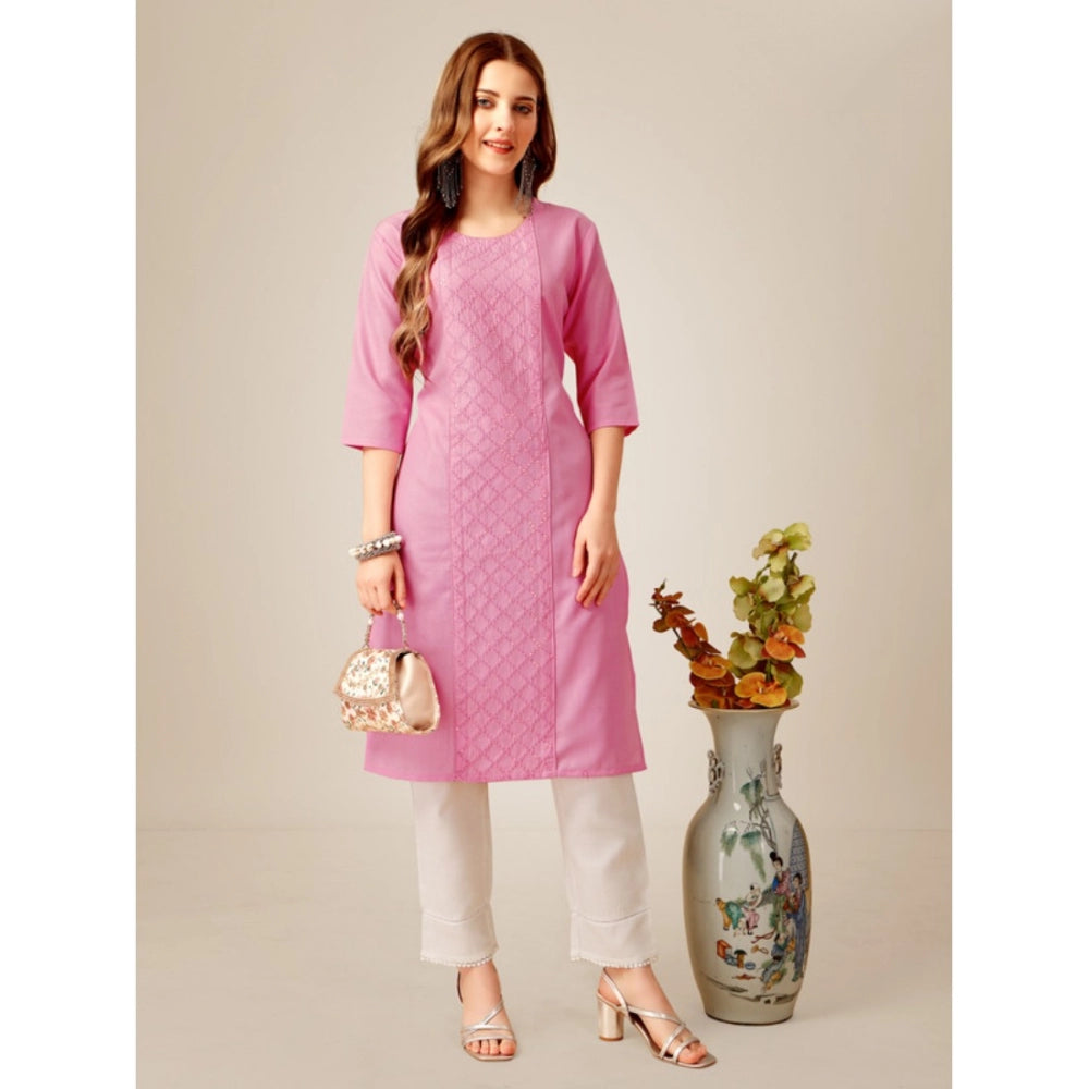 Generic Women's Casual 3-4 th Sleeve Embroidery Cotton Kurti Pant Set (Pink)