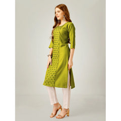 Generic Women's Casual 3-4 th Sleeve Embroidery Cotton Kurti Pant Set (Green)