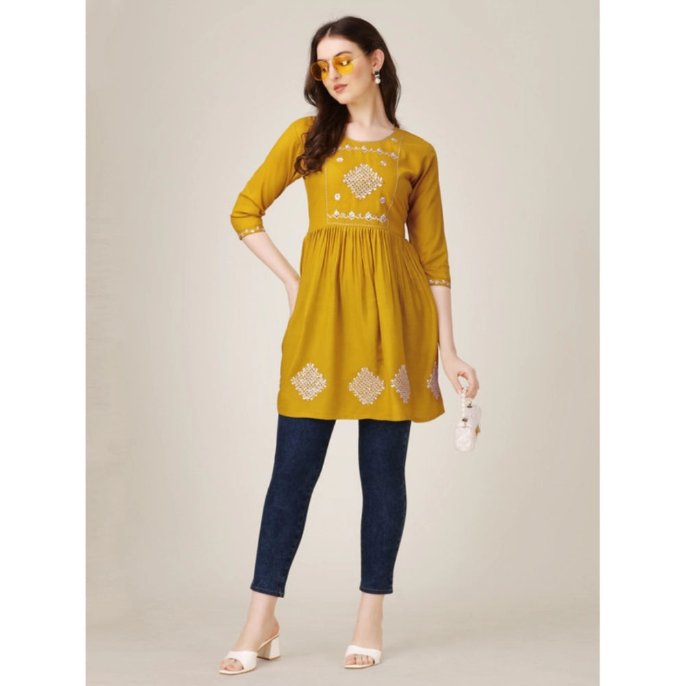 Generic Women's Casual 3-4 th Sleeve Embroidered Rayon Tunic Top (Mustard)