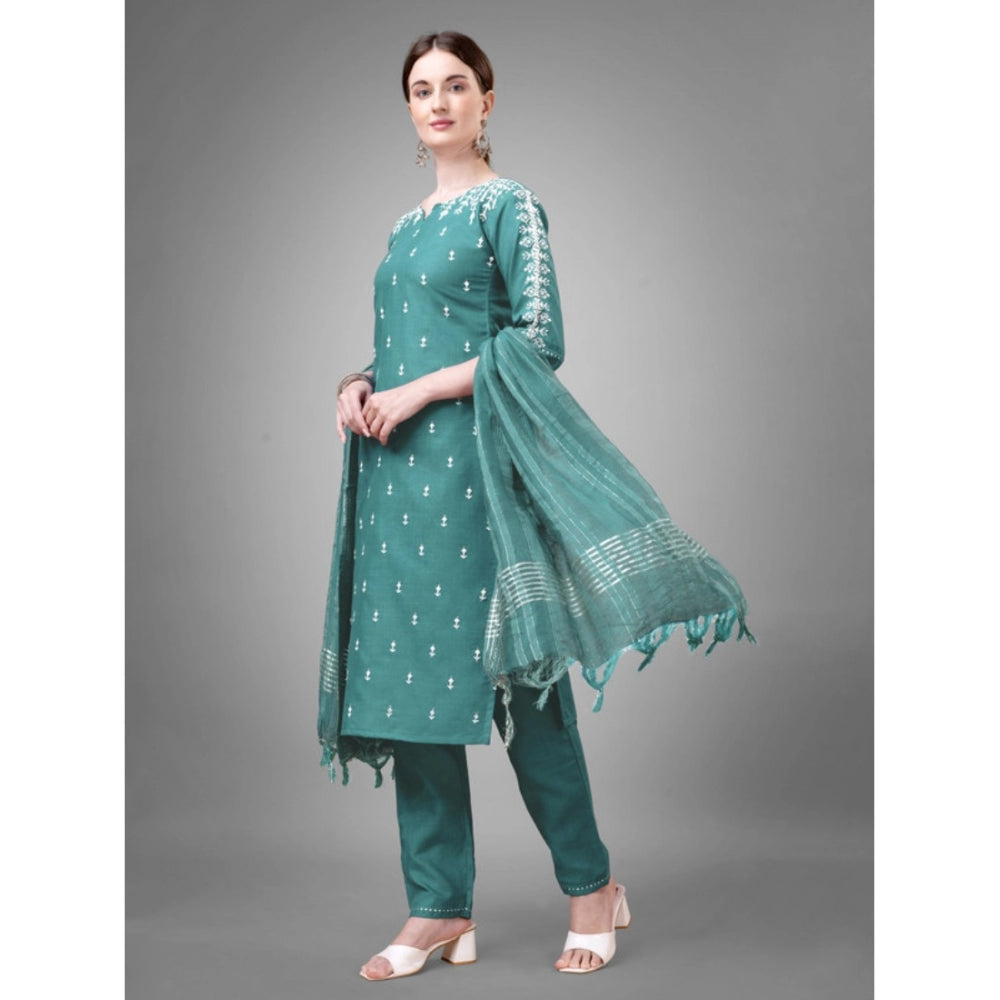 Generic Women's Casual 3-4 th Sleeve Embroidery Cotton Kurti Pant Dupatta Set (Teal)